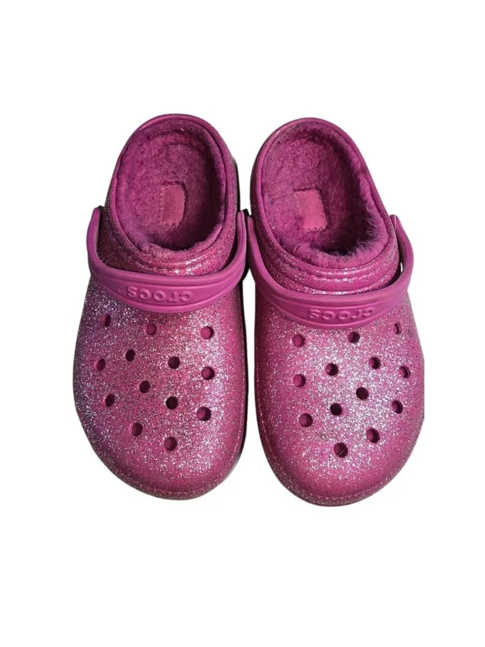 Girls Sparkly Pink Crocs Classic Lined Clog Size J4 With Glitter Finish & Fuzzy